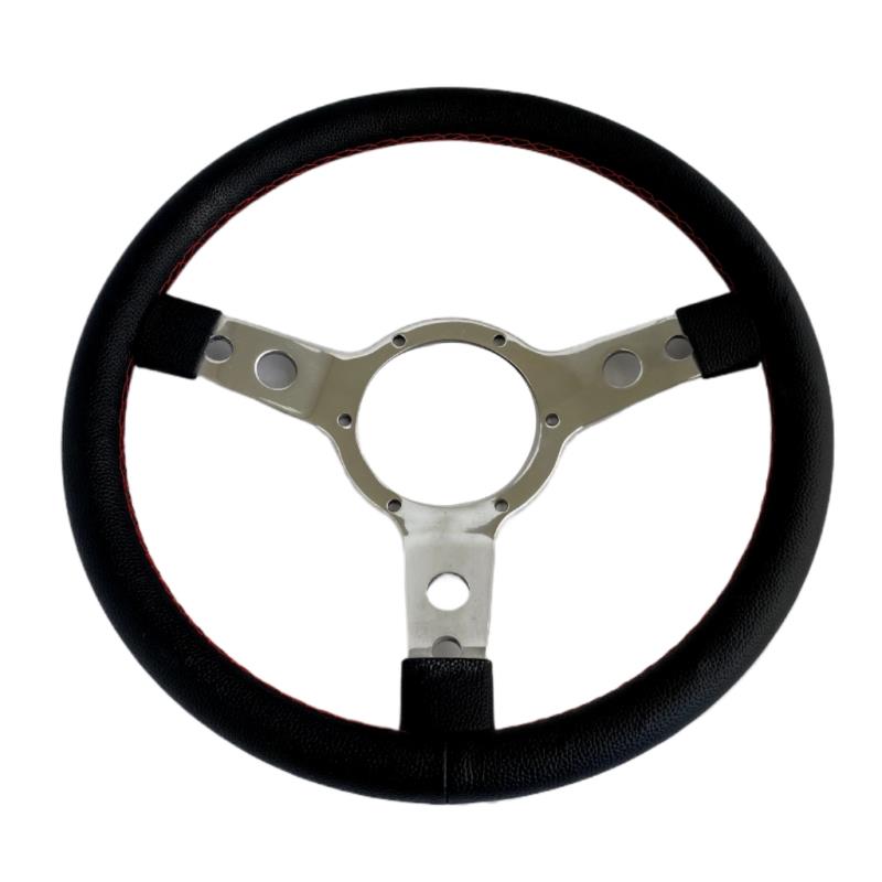 STEERING WHEEL 14" Black Leather Red Stitch with Polished Arms S