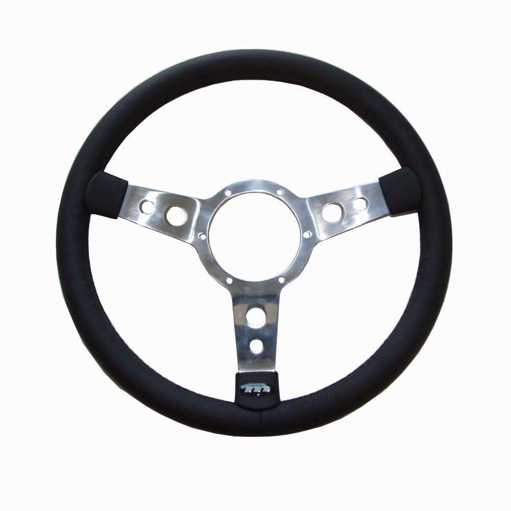 STEERING WHEEL, 15" Black Leather Trim Semi Dish Polished 3 spok