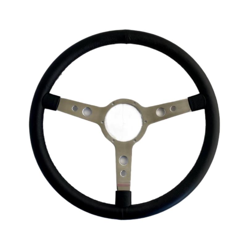 STEERING WHEEL, 17" Black Leather Trim Semi Dish Polished 3 spok