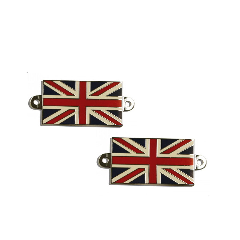 BADGE Union Jack 2  x 1 3/16" metal base screw on PAIR